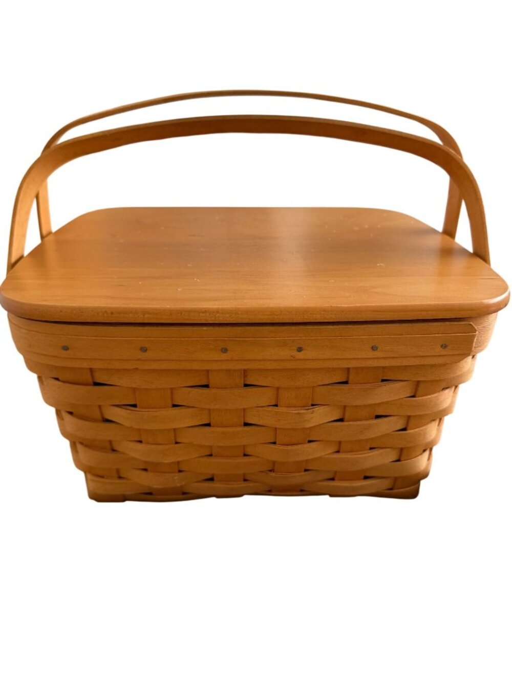 Longaberger Handwoven Lunch Basket With Wooden Top Double Handle Signed 2001